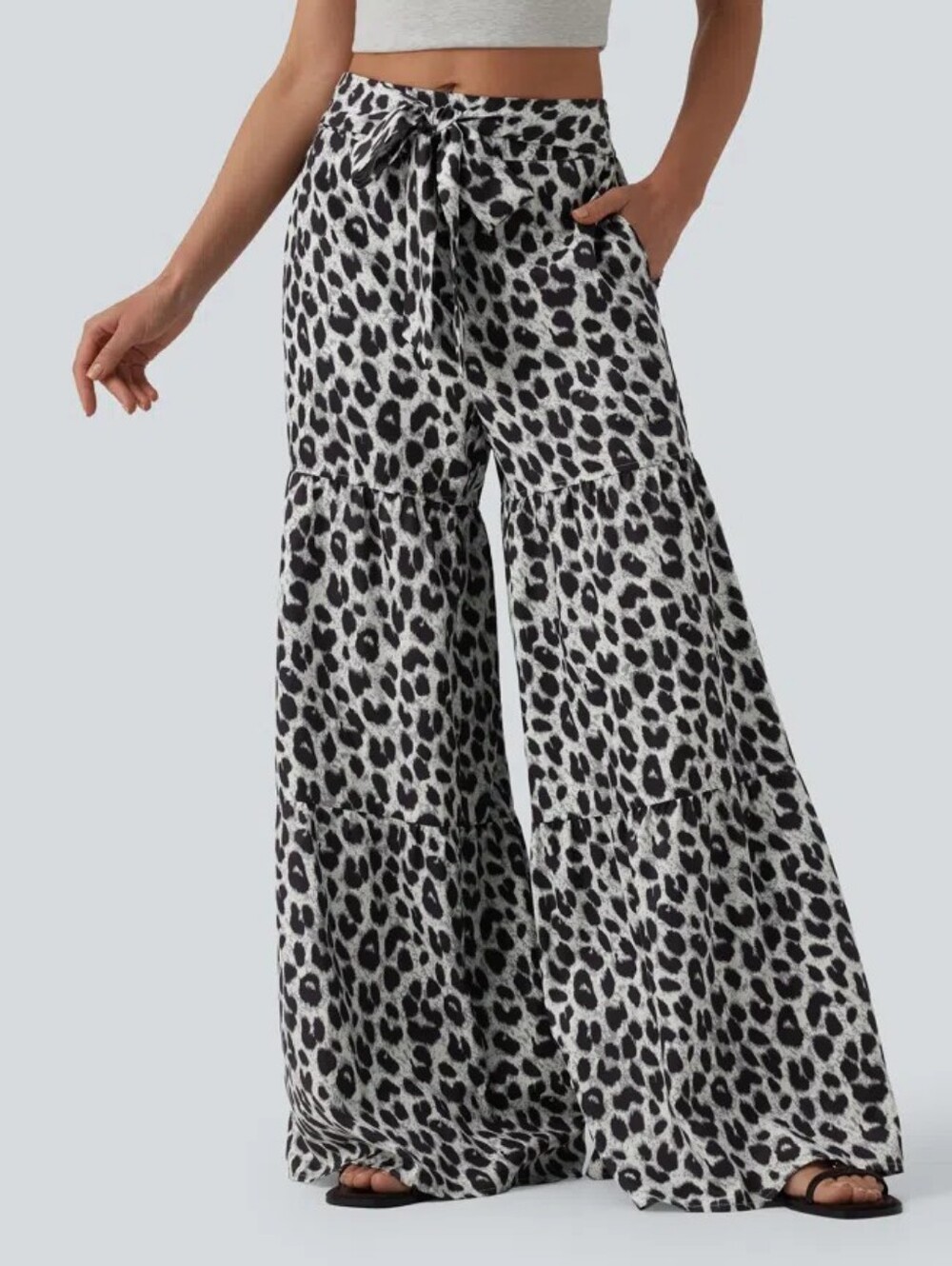 Halara High Waisted Wide Leg Pants Flowy NWT Large Silver Leopard Print Tie